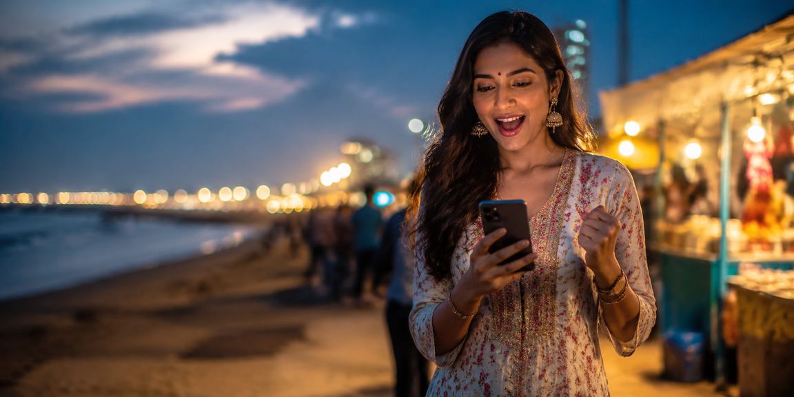 Young woman enjoying mobile casino games on her phone at Marina Beach Chennai