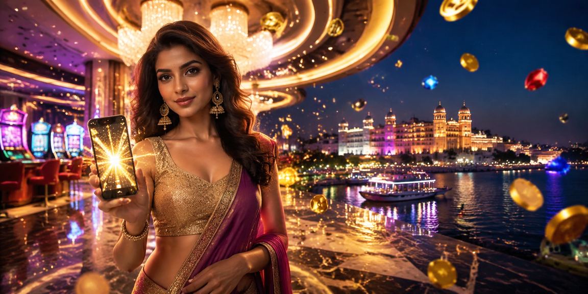 Indian woman playing Teen Patti on mobile app with Bollywood theme