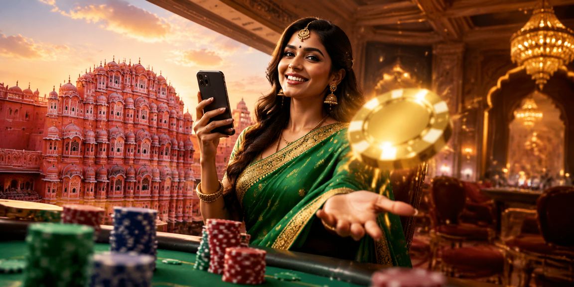 Woman in a saree enjoying online betting on mobile in Jaipur