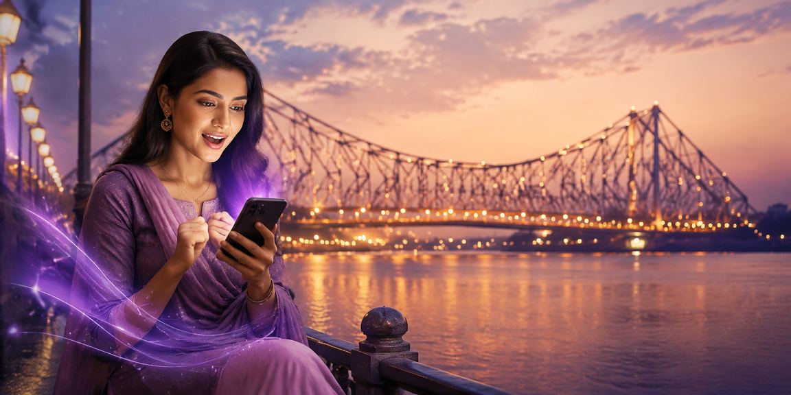 Young Indian woman using mobile to place cricket bets near Howrah Bridge Kolkata